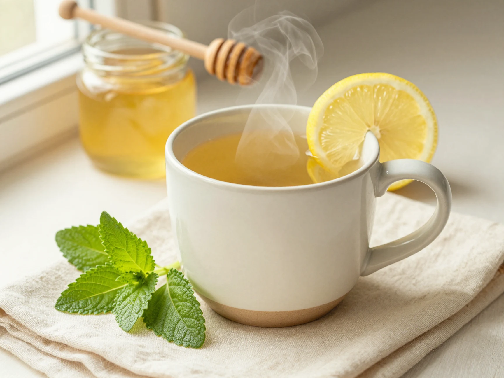 Freshly brewed lemon balm tea in a ceramic mug with fresh lemon balm leaves and honey