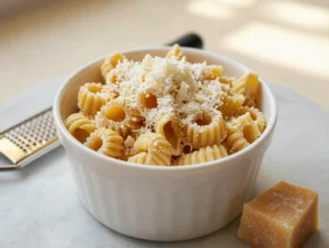 Pastina dot cake recipe — creamy stelline pastina in a white paper cup heaped with freshly grated parmesan on a marble counter