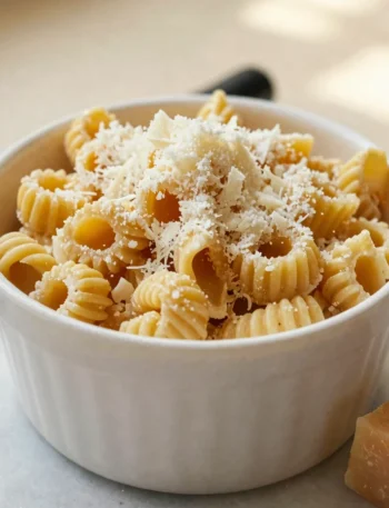 Pastina dot cake recipe — creamy stelline pastina in a white paper cup heaped with freshly grated parmesan on a marble counter