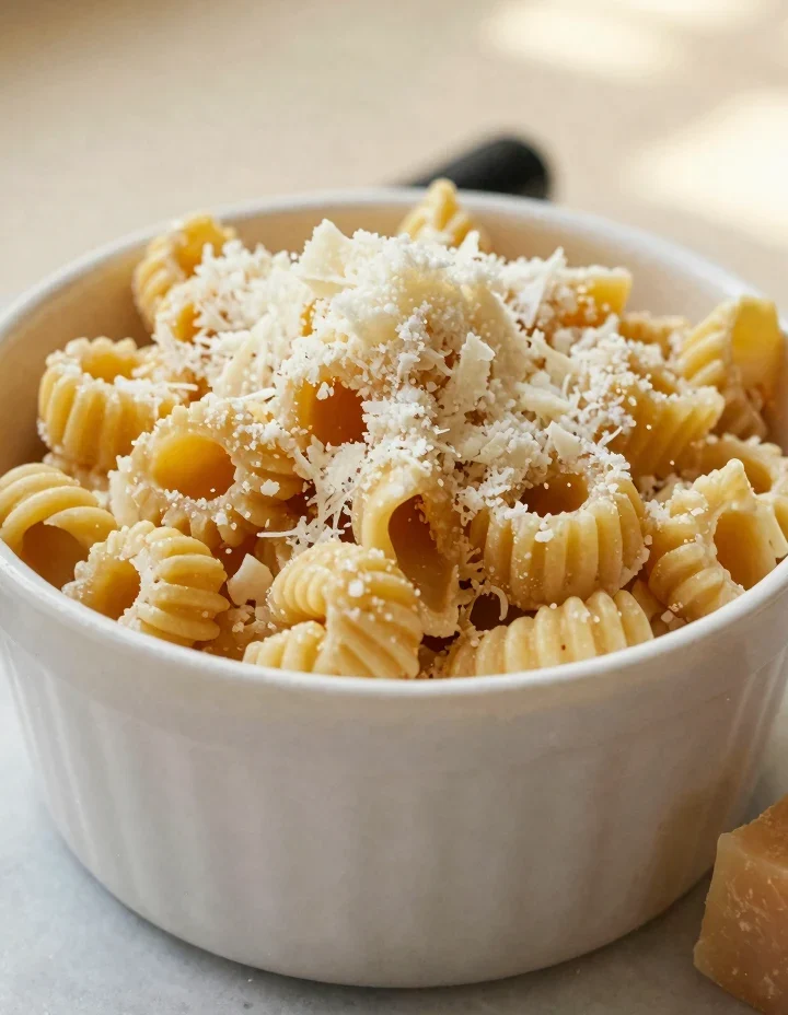Pastina dot cake recipe — creamy stelline pastina in a white paper cup heaped with freshly grated parmesan on a marble counter