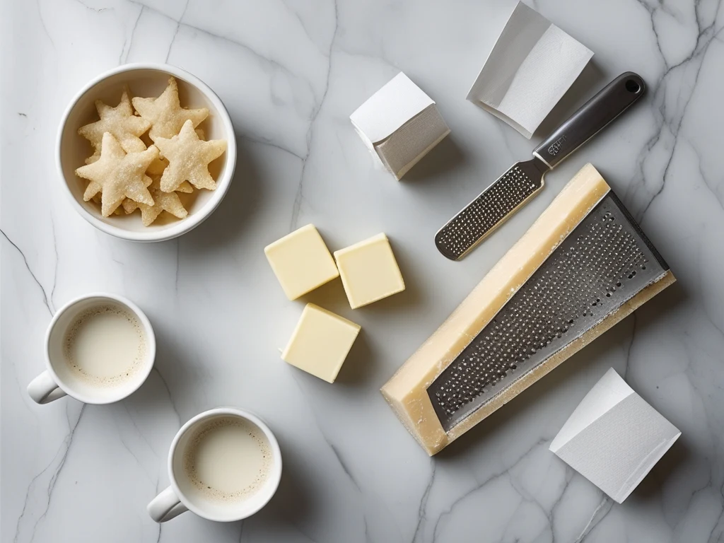 Ingredients for pastina dot cake recipe — dry stelline pastina, butter cubes, Parmigiano Reggiano block and grater, white paper cups on marble