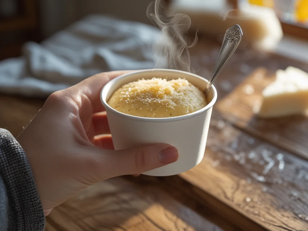 Hand holding a white paper cup of pastina dot cake at a kitchen table with a small fork inserted, warm natural light