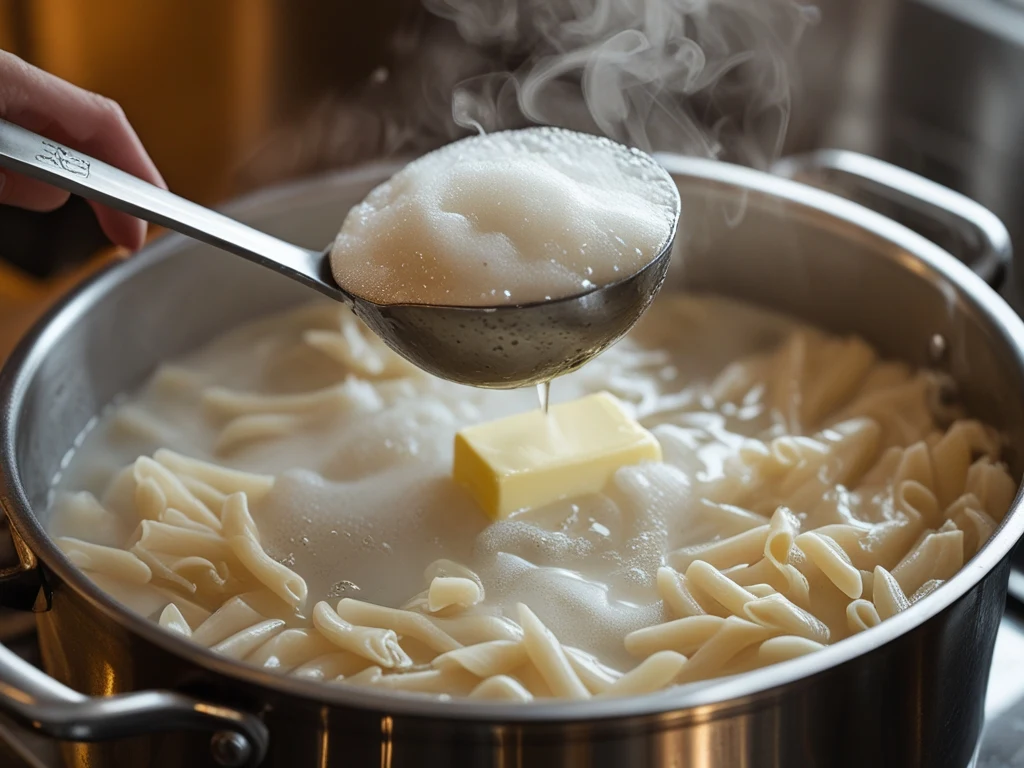 Starchy pasta water being poured into pastina in a pot, creating creamy emulsified sauce