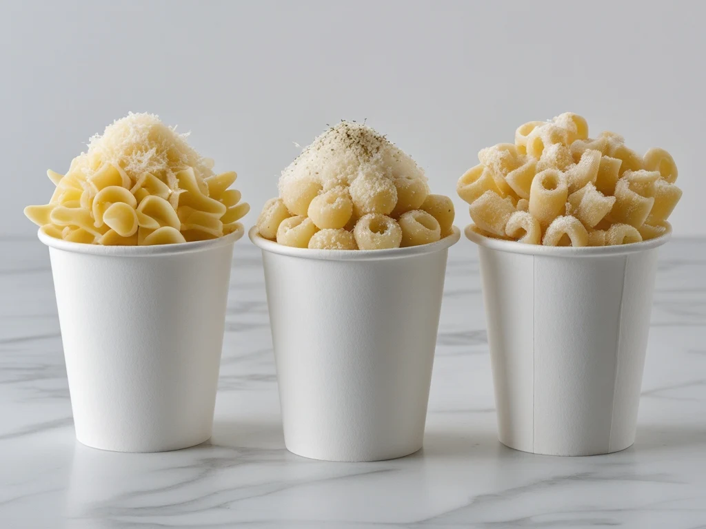 Three pastina dot cake variations in white paper cups — stelline, acini di pepe, and ditalini, each topped with different amounts of parmesan