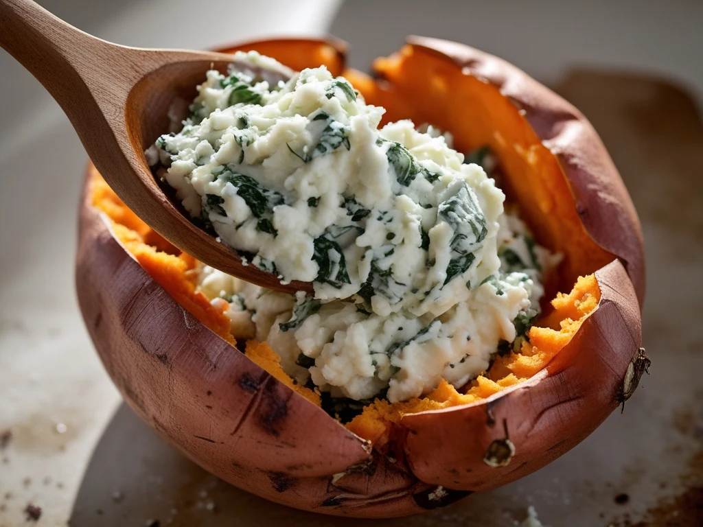 Creamy spinach ricotta filling being spooned into roasted sweet potato halves
