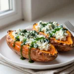 Spinach ricotta stuffed sweet potato halves with herb drizzle on a white plate