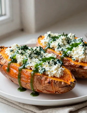 Spinach ricotta stuffed sweet potato halves with herb drizzle on a white plate