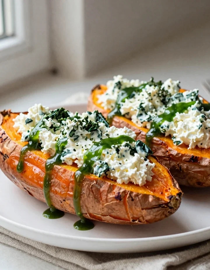 Spinach ricotta stuffed sweet potato halves with herb drizzle on a white plate