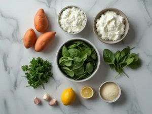 Spinach ricotta stuffed sweet potato ingredients: sweet potatoes, ricotta, spinach, fresh herbs, garlic