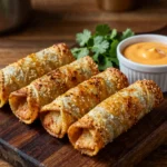 Taco John's Mexi Rolls recipe — six golden crispy fried tortilla rolls on a wooden board with nacho cheese dipping sauce