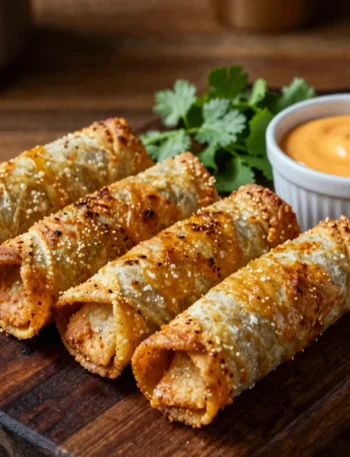 Taco John's Mexi Rolls recipe — six golden crispy fried tortilla rolls on a wooden board with nacho cheese dipping sauce