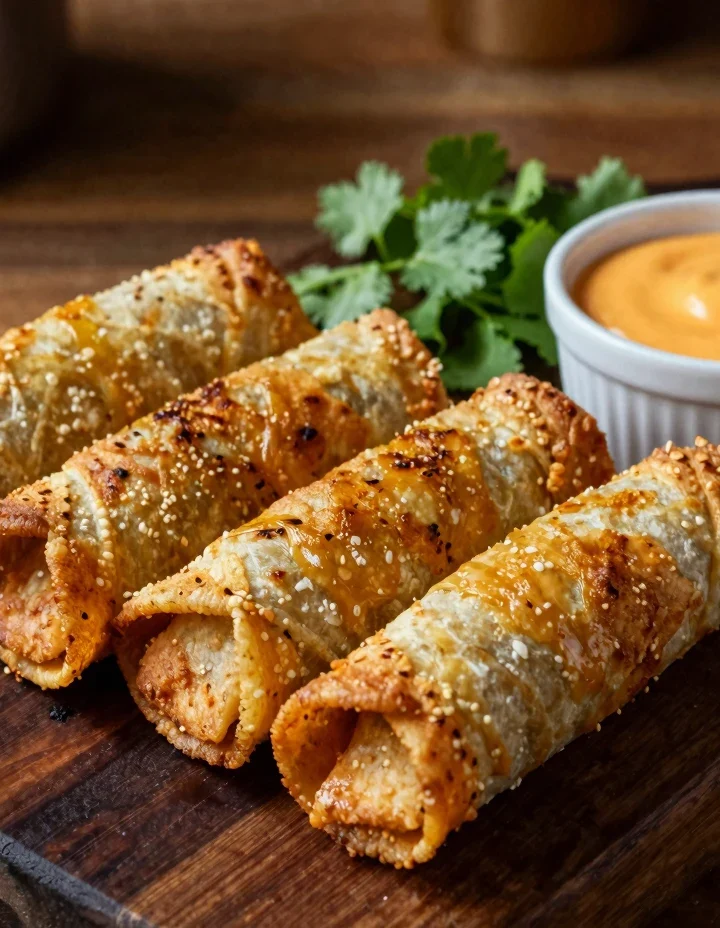 Taco John's Mexi Rolls recipe — six golden crispy fried tortilla rolls on a wooden board with nacho cheese dipping sauce