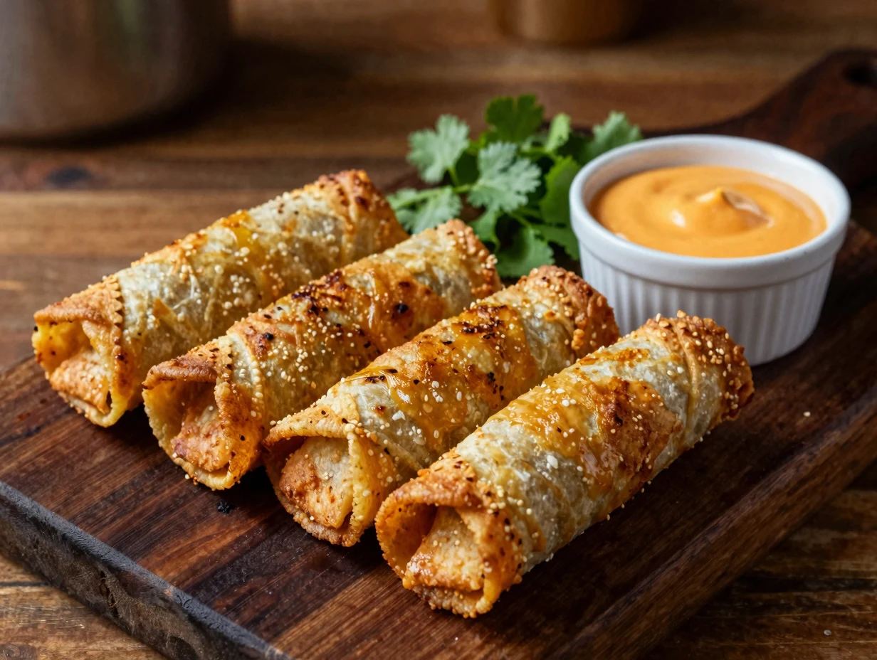 Taco John's Mexi Rolls recipe — six golden crispy fried tortilla rolls on a wooden board with nacho cheese dipping sauce