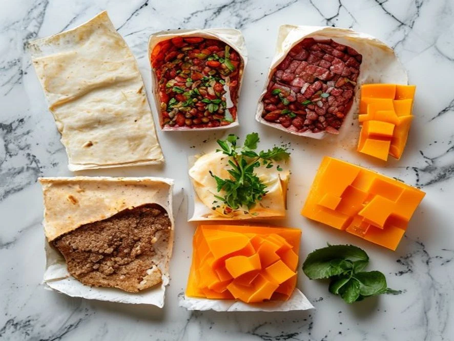 Ingredients for Taco John's Mexi Rolls — ground beef, taco seasoning packet, refried beans can, cheddar cheese, and flour tortillas on white marble