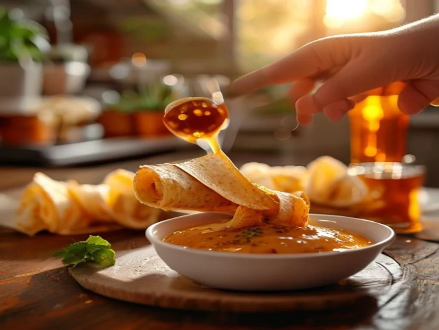 Hand dipping a crispy Taco John's Mexi Roll into nacho cheese sauce with more rolls on a plate in the background