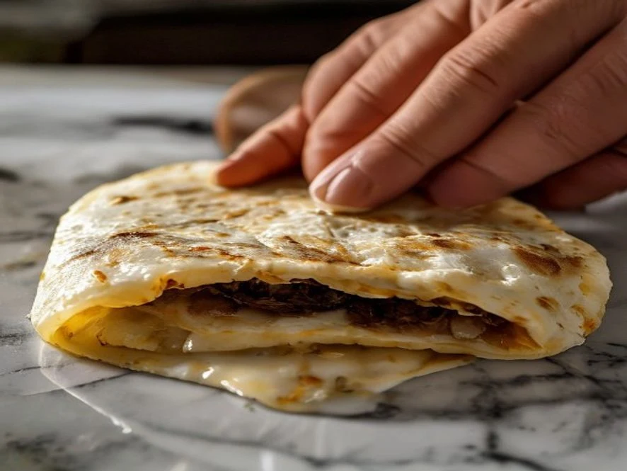 Rolling a flour tortilla filled with beef and cheese mixture tight for Taco John's Mexi Rolls