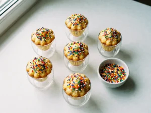 Five viral dot cakes in clear cocktail glasses covered in rainbow nonpareil sprinkles on white marble