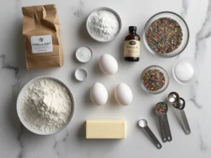 Flat-lay of dot cake ingredients on white marble: flour, butter, eggs, vanilla, cream cheese, powdered sugar, and rainbow nonpareil sprinkles