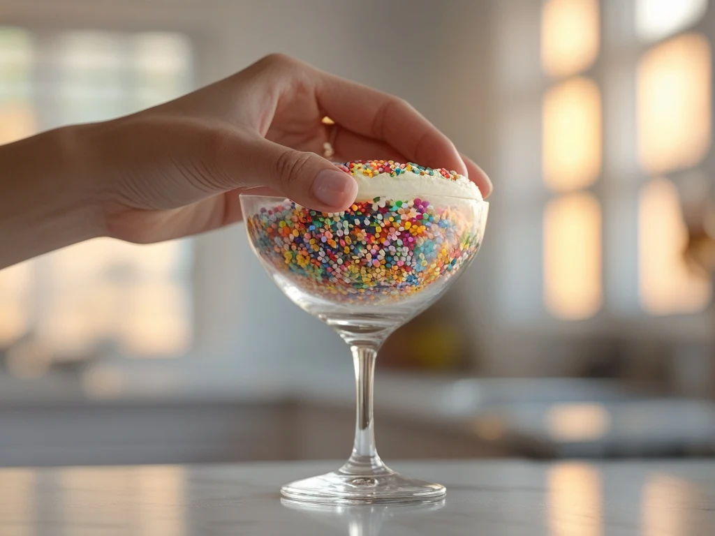 Hand holding a viral dot cake cup covered in rainbow sprinkles against a bright home kitchen background