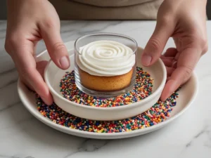 Hands pressing a frosted dot cake cup face-down into a plate of rainbow nonpareil sprinkles — the signature dot cake technique
