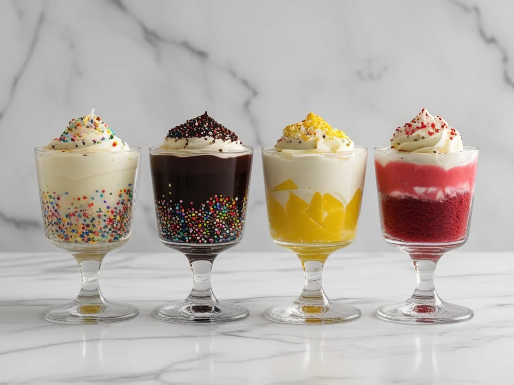 Four dot cake variations side by side: vanilla with rainbow sprinkles, chocolate, lemon, and red velvet